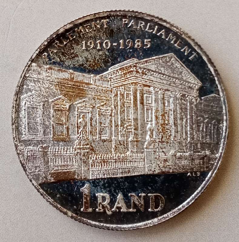 1985 Parliament proof silver R1 with nice obverse toning (mintage: 25698)