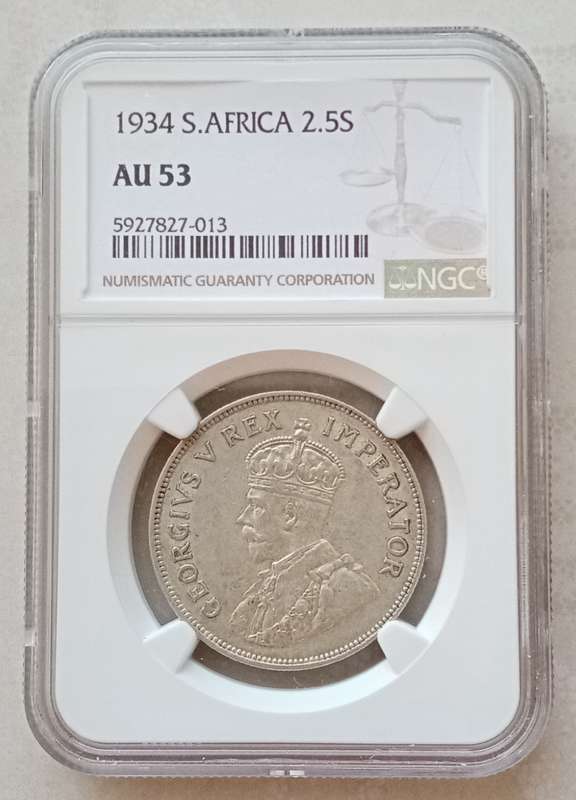 High grade 1934 Union silver 2 1/2 Shillings NGC AU53