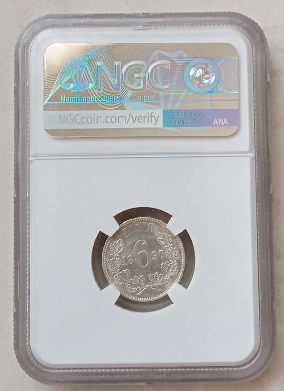 Nice 1897 ZAR Kruger silver sixpence NGC MS62