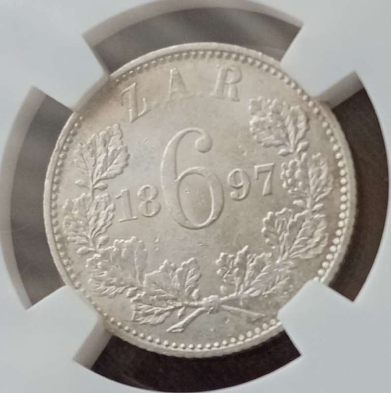 Nice 1897 ZAR Kruger silver sixpence NGC MS62