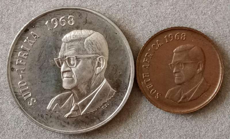 1968 Afrikaans proof 50c and English 1c
