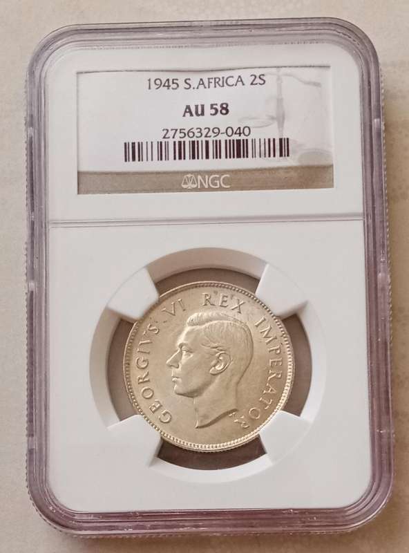 Higher grade 1945 Union silver 2 Shillings NGC AU58