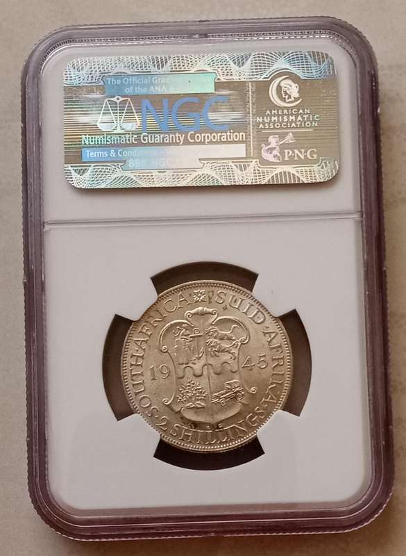 Higher grade 1945 Union silver 2 Shillings NGC AU58