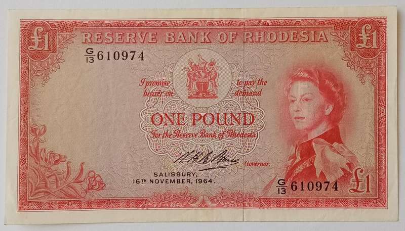Nice 1964 Rhodesia one pound in AXF