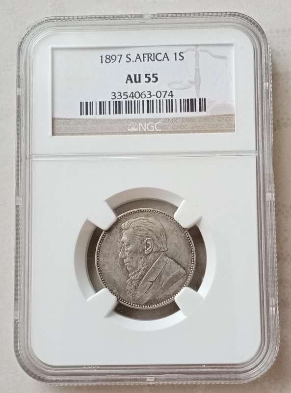 Higer grade 1897 ZAR Kruger silver shilling NGC AU55