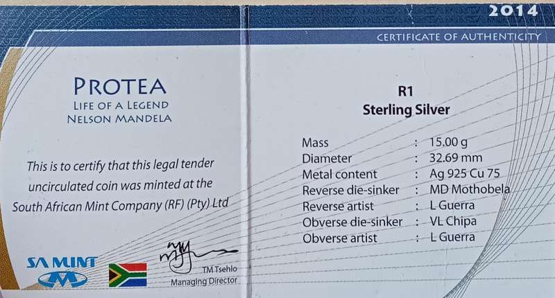 Scarcer 2014 Mandela uncirculated silver R1 in bag incl.certificate (mintage: 342)