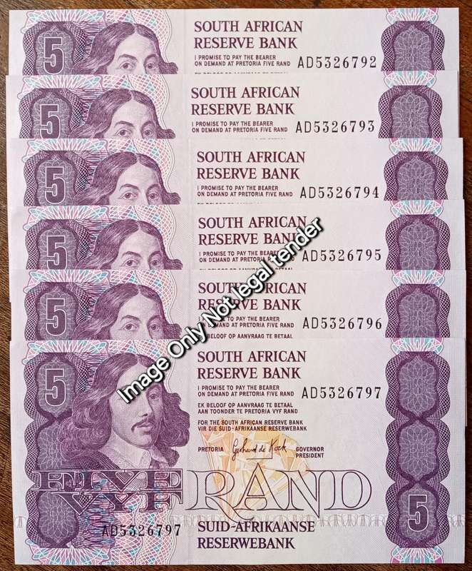 Lot of x6 GPC de Kock 1989 consecutive R5 notes in AU+/Unc