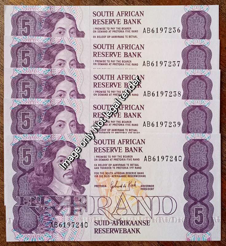 Lot of x10 GPC de Kock 1989 consecutive R5 notes in AU