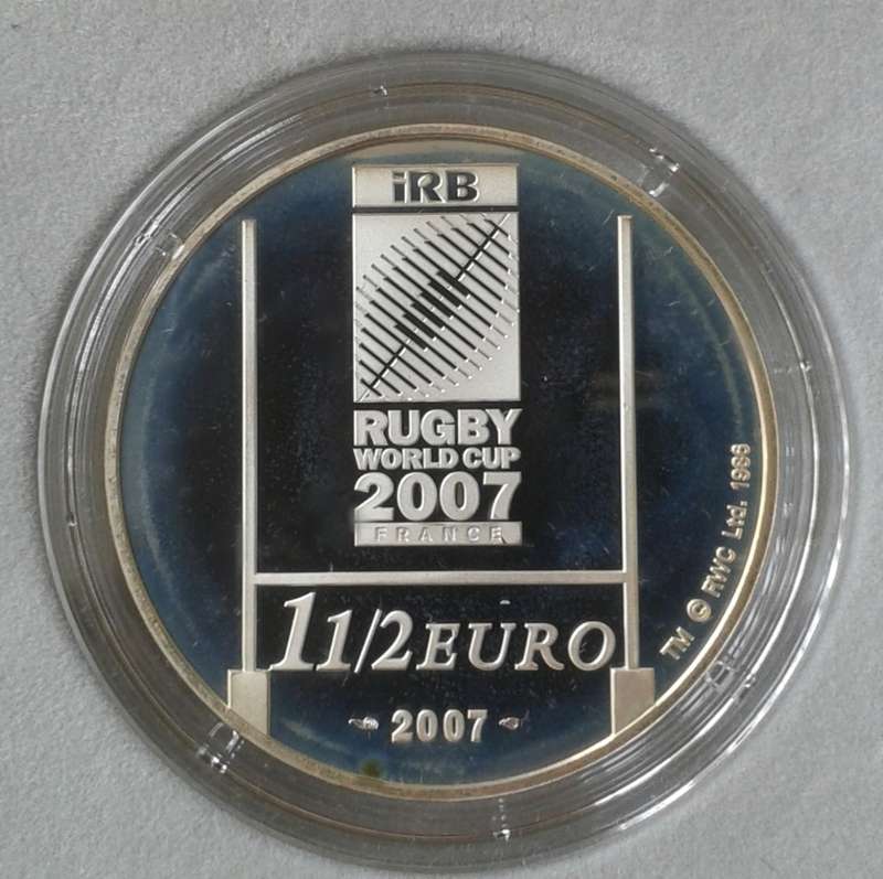 Scarcer 2007 France proof silver 1 1/2 Euro in box with certificate (Rugby World Cup) .
