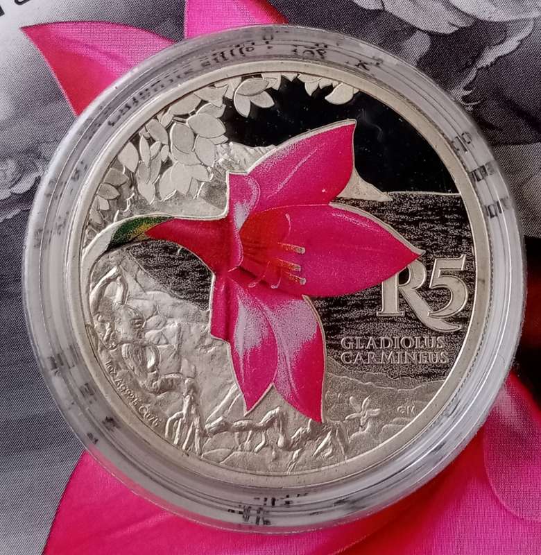 2016 Kogelberg Biosphere Reserve proof 1oz silver coloured R5 (Hermanus Cliff Gladiolus)