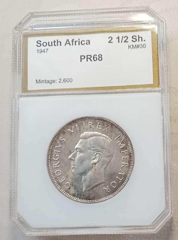 Scarcer 1947 union proof silver 2 1/2 Shillings PCI PR68 (mintage: 2600)