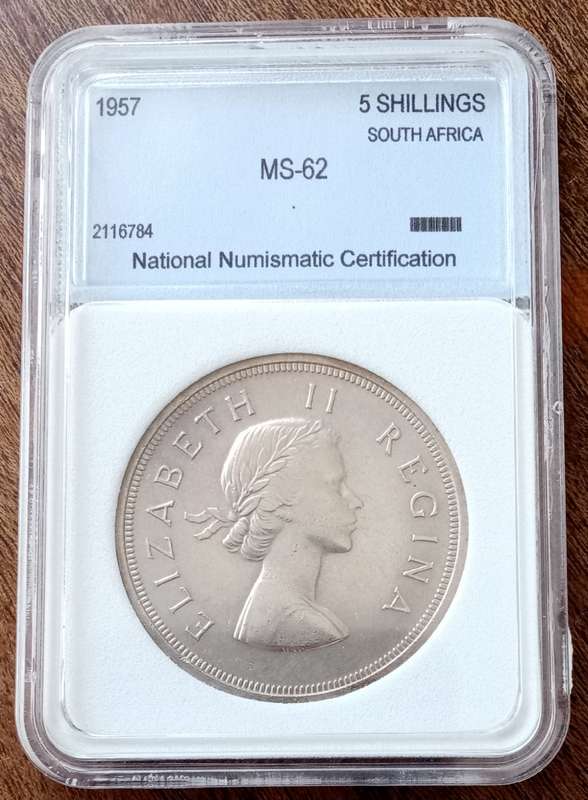 1957 Union silver 5 Shillings NNC MS62