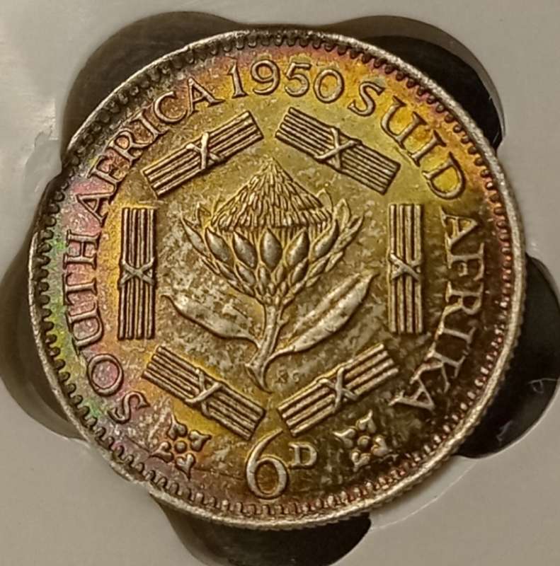 1950 Union silver sixpence SANGS MS62 (Rainbow toned reverse)