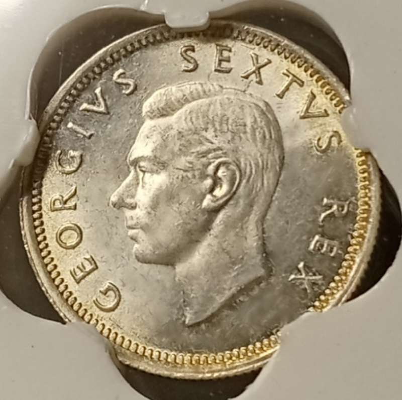 1950 Union silver sixpence SANGS MS62 (Rainbow toned reverse)