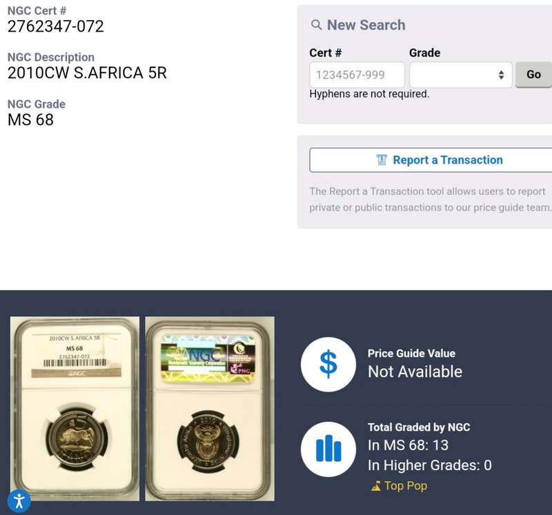 2010 Oom Paul Mintmark R5 NGC MS68 (mintage: 1563) - Top Pop