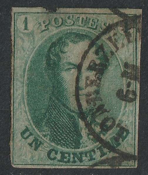 BELGIUM -  1861 King Leopold I  1c greenish imperforated  USED