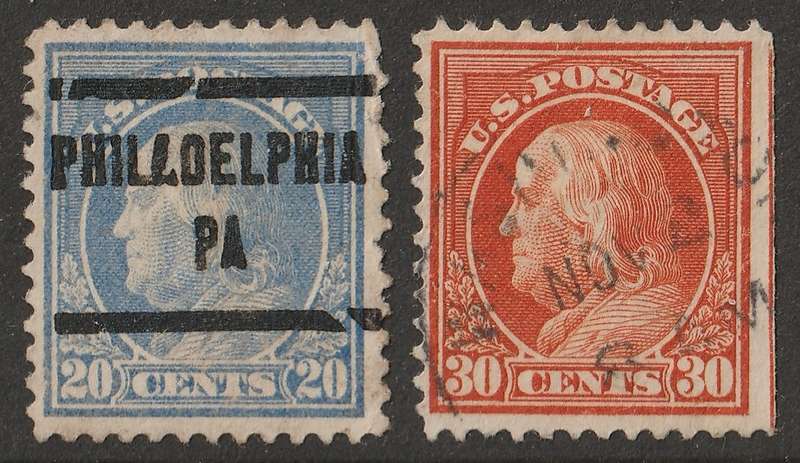 USA - 1914 Benjamin Franklin Issue 20c ultramarine & 30c orange-red (Perf. 12) VF USED