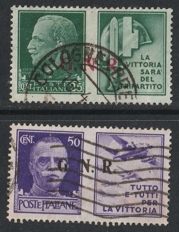 ITALY -  1943 GNR overprint on War Propaganda stamps, 25c and 50c VF USED. Scarce issue.