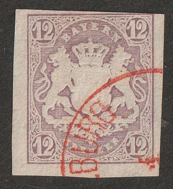 GERMANY - BAVARIA 1867 Coat of arms  12Kr dull mauve imperforated   VF USED SG 49