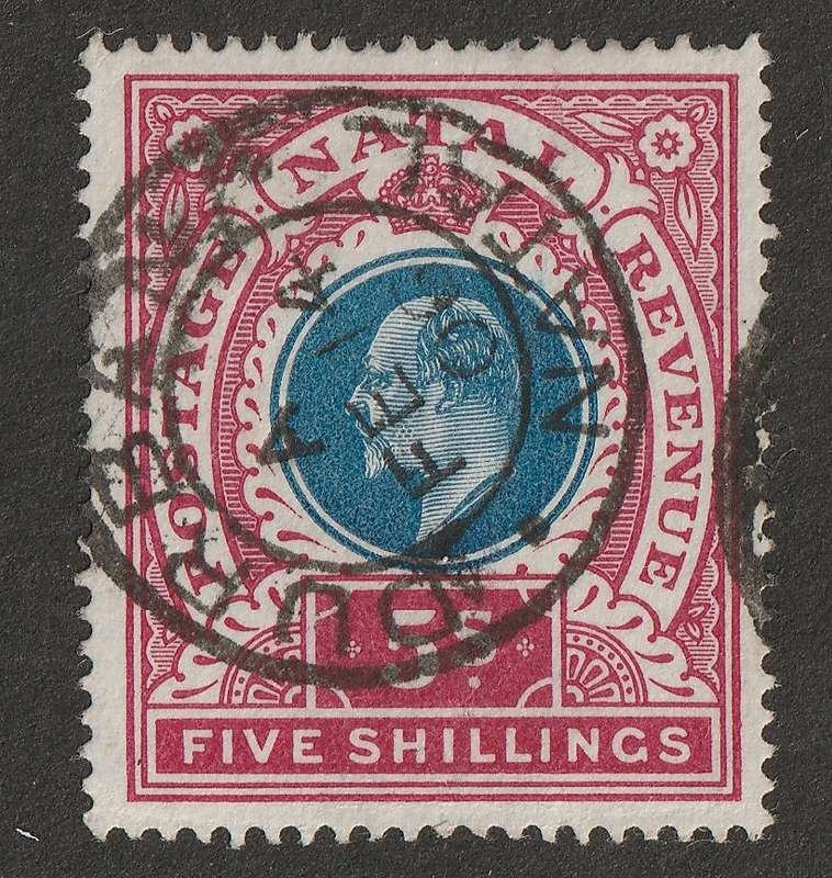 NATAL - 1902 KEVII  5s Dull-blue and rose SACC 122  VF USED