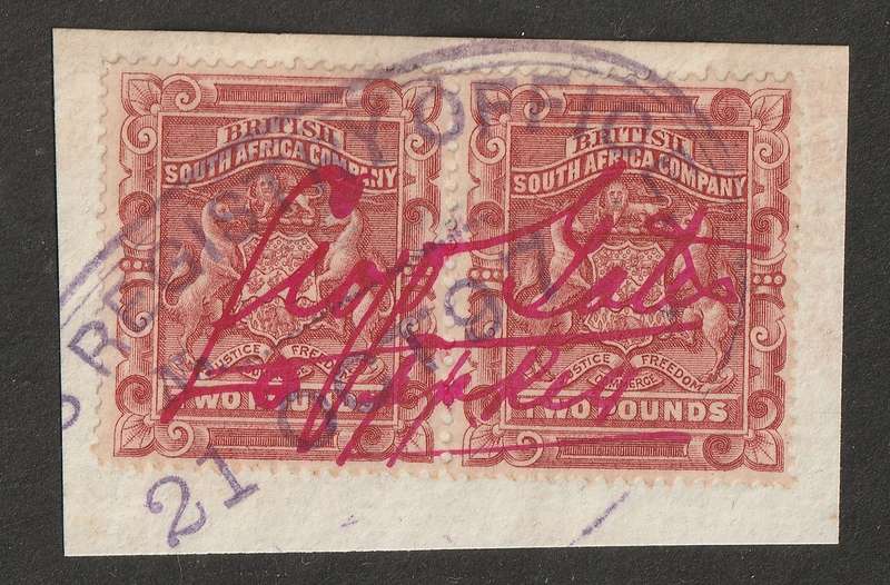 RHODESIA BSAC- REVENUE 1892  Arms Issue  2 Pounds red, superb pair on piece.