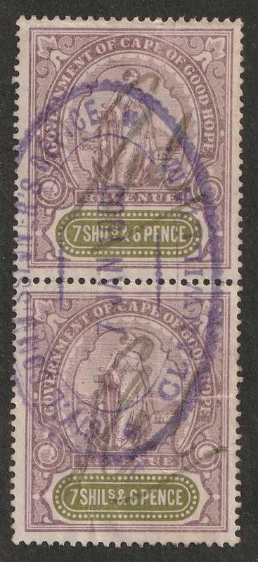 Cape of Good Hope - 1898  QV REVENUE  Standing Hope Issue  7s6d vertical pair Lilac & green BF136