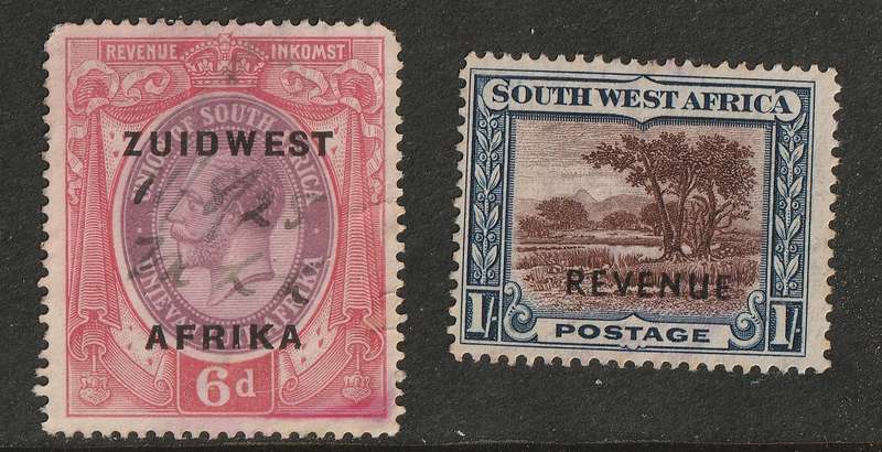 South West Africa REVENUE -1923 KGV 6d ovp & 1941 1s ovp Revenue