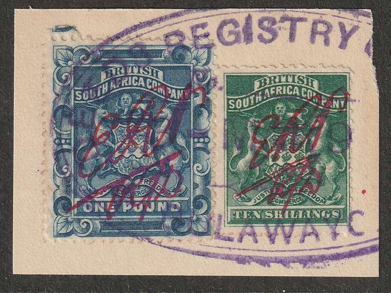 RHODESIA BSAC- REVENUE 1892  Arms Issue  1 Pound  and 10s  on piece.