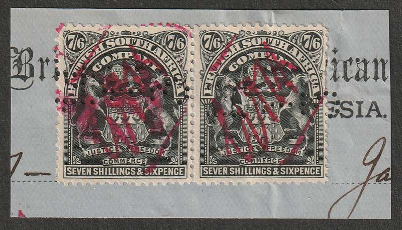 RHODESIA BSAC- REVENUE 1898  Arms Issue. Beautiful 7s6d pair  on piece. Scarce