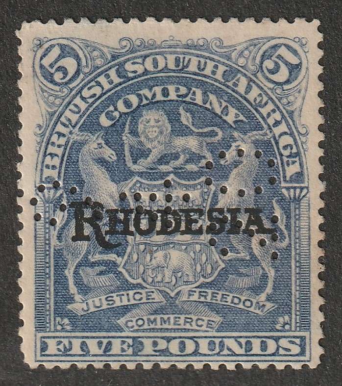 RHODESIA BSAC- REVENUE used  1909 Arms Issue Overprinted . 5 Pound blue BF 26  Scarce