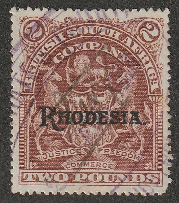 RHODESIA BSAC- REVENUE used  1909 Arms Issue Overprinted . 2 Pound brown BF 25