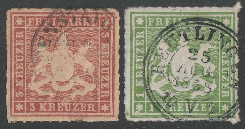 GERMAN STATES - WURTTEMBERG  1865 Coat of Arms Issue Rouletted 1kr green & 3kr rose used