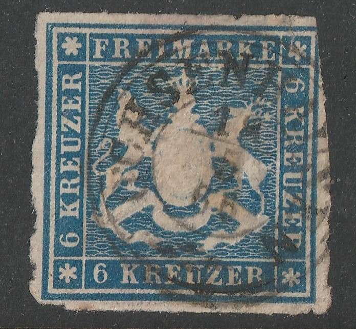 GERMAN STATES - WURTTEMBERG  1865 Coat of Arms Issue Rouletted 6kr blue used
