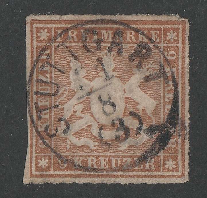 GERMAN STATES - WURTTEMBERG  1865 Coat of Arms Issue Rouletted 9kr brown used. Scarce