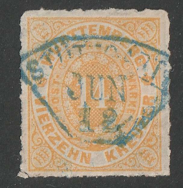 GERMAN STATES - WURTTEMBERG  1869 Value Issue Rouletted 14kr yellow used. Scarce