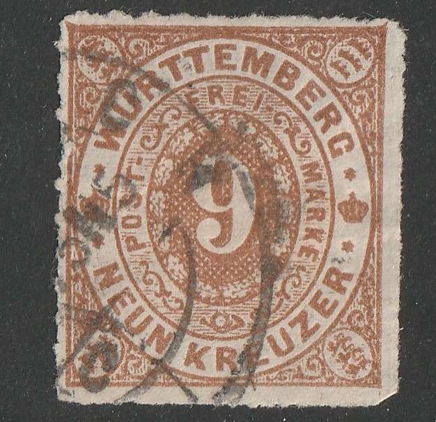 GERMAN STATES - WURTTEMBERG  1869 Value Issue Rouletted 9kr brown used. Scarce