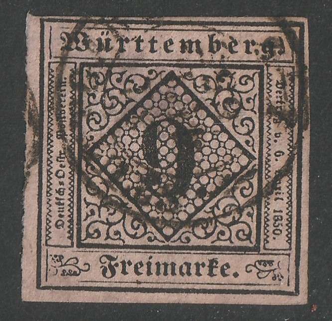 GERMAN STATES - WURTTEMBERG  1851 Imperforated Issue 9kr black on rose paper