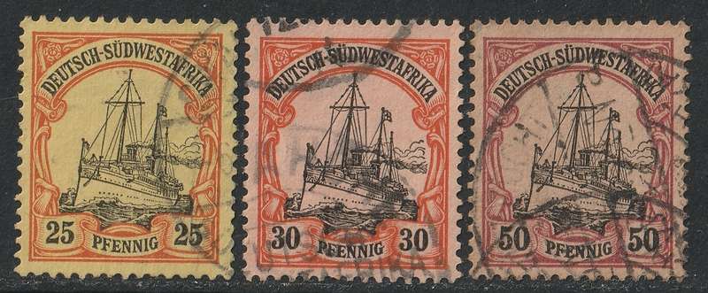 GERMAN COLONIES - SOUTH WEST AFRICA 1901 Yachts issue  25pfg,30pfg & 50pfg SACC 17/18/20 VF USED