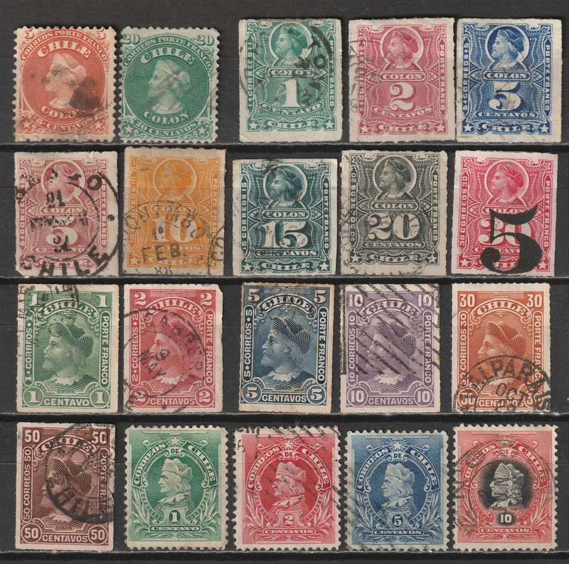 CHILE - 1867-1901 Nice used range of early issues (20 stamps)