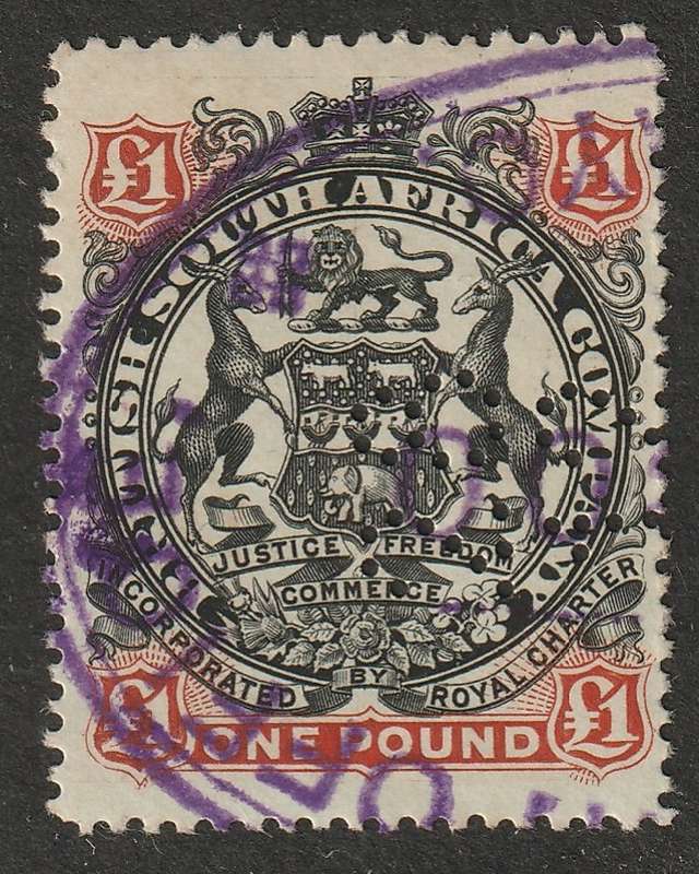 BSAC - RHODESIA Large Arms Issue  1897  1 Pound fiscally used (Date perfinned)
