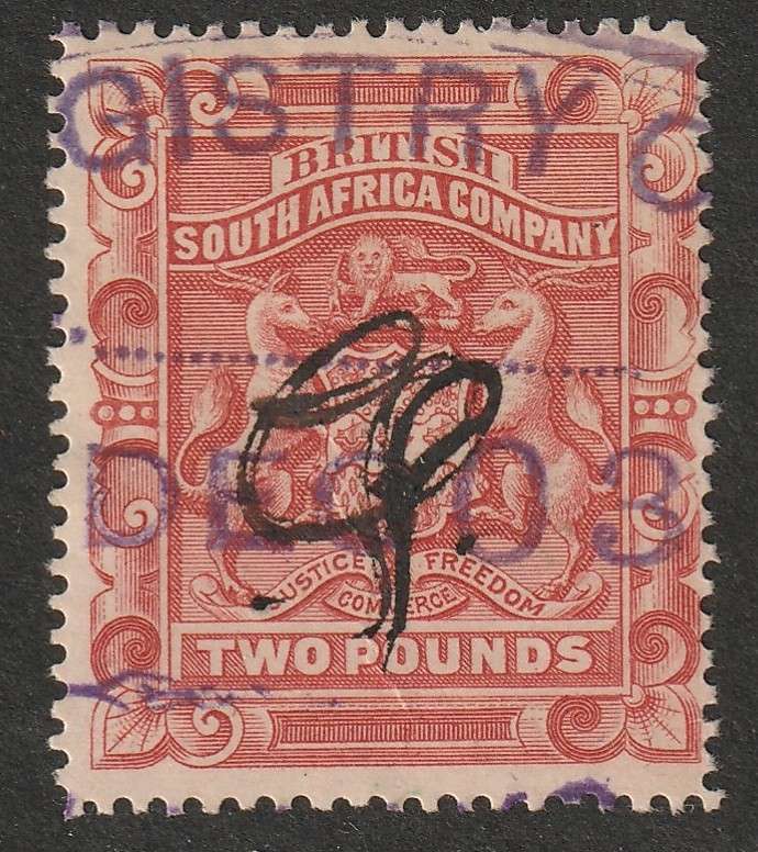 RHODESIA BSAC- REVENUE 1892  Arms Issue  2 Pounds red Fiscally used. (Perf.14&1/2)