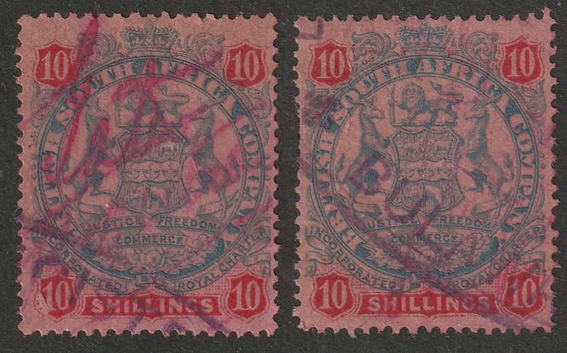 BSAC - RHODESIA Large Arms Issue  1896  DIE II  2 x 10s fiscally used and NOT perfinned