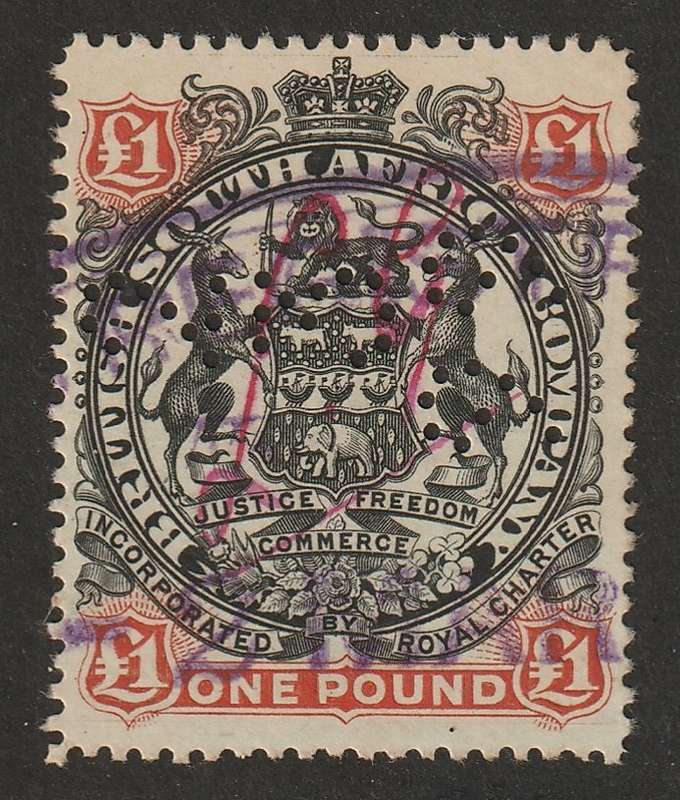 BSAC - RHODESIA Large Arms Issue  1897  1 Pound fiscally used (Date perfinned)