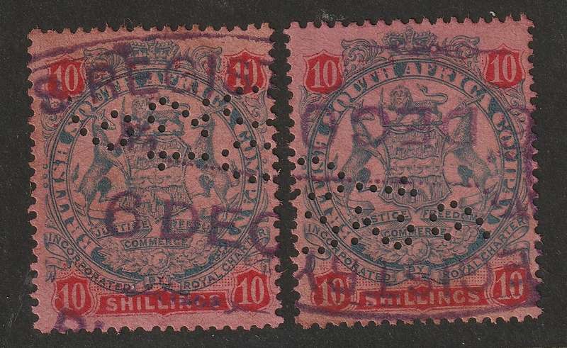 BSAC - RHODESIA Large Arms Issue  1896  DIE II  2 x 10s fiscally used (Date perfinned)