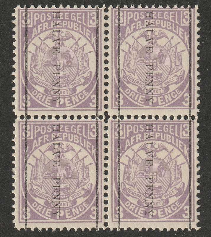 TRANSVAAL - 1885  Provisional Surcharges 1/2d on 3d block of four, superb unmounted mint SACC 197