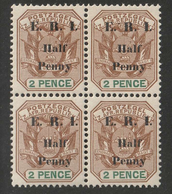 TRANSVAAL - 1901  Overprinted `ERI` 1/2d Brown and green, block of four **UM**