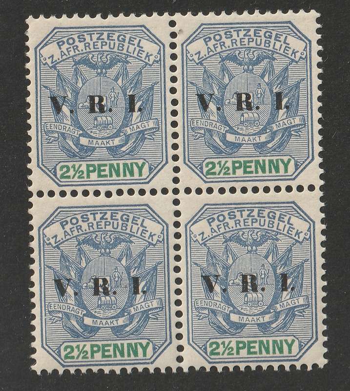 TRANSVAAL - 1900  2&1/2d dull blue and green overprinted VRI, block of four **UM**