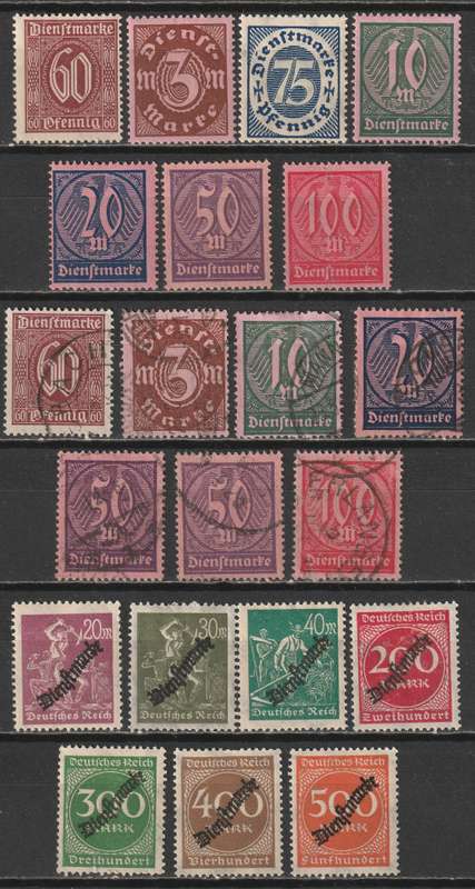 GERMANY - 1921-1924  OFFICIAL  Issues - Part sets mint and used(37 stamps)