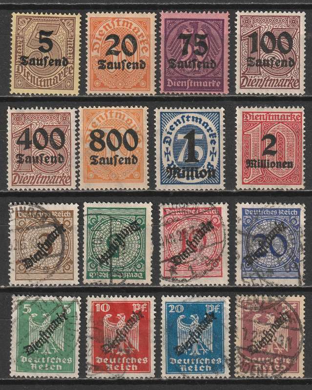 GERMANY - 1921-1924  OFFICIAL  Issues - Part sets mint and used(37 stamps)