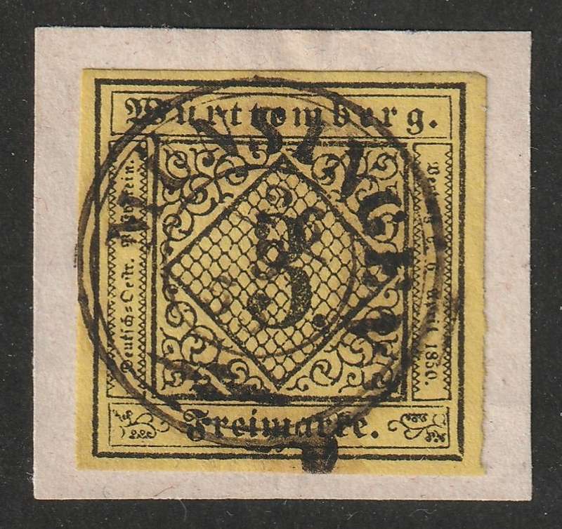 GERMAN STATES - WURTTEMBERG  1851 3kr black on yellow paper imperforated on piece.